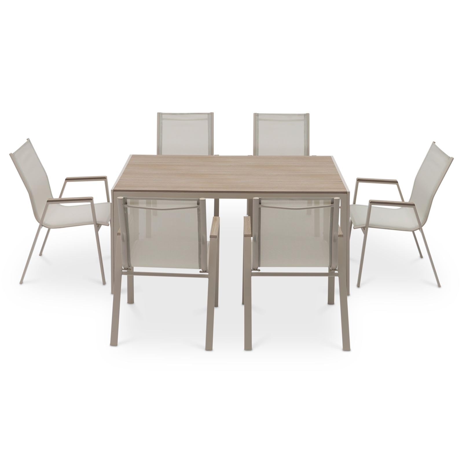 Gartenmöbel Set MONDELLO mit 6 Stühlen, Champagner - Gartentisch 150x90 cm mit 6 Gartenstühlen, Stahlgestell pulverbeschichtet, WPC-Tischplatte, Textilene Sitzfläche [max. Belastbarkeit 120 kg]