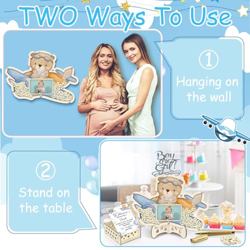Image of Wenqik 63 Pcs Airplane Little Explorer Landing Soon Baby Shower Guest Book Alternatives Set Baby Shower Decorations with Photo Frame Sonogram Frame Keepsake 60 Wood Slices Guest Book for Birthday