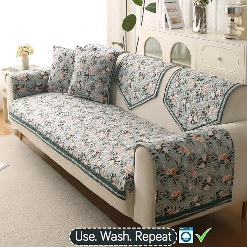 Image of HOKIPO 'Florentina Series' Premium Holland Velvet 5 Seater Sofa Cover Mat in 3+1+1 Configuration with Foam Filling for Extra Softness, Anti-Slip Backing, Magnolia Green (IN-881+878 * 2-V1)