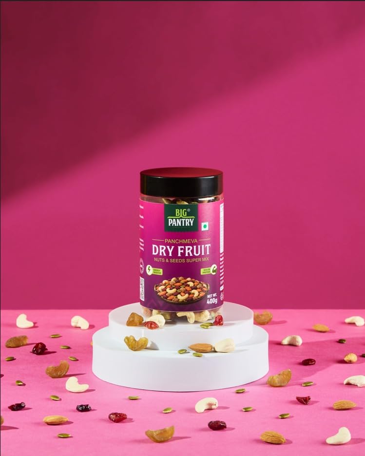 Big Pantry Panchmeva Dry Fruit Nuts & Seeds Super Mix, Roasted & Unsalted, Almonds Cashews Cranberries Pumpkin Seeds Candied Amla, Energy Booster, 400g Jar-image-47