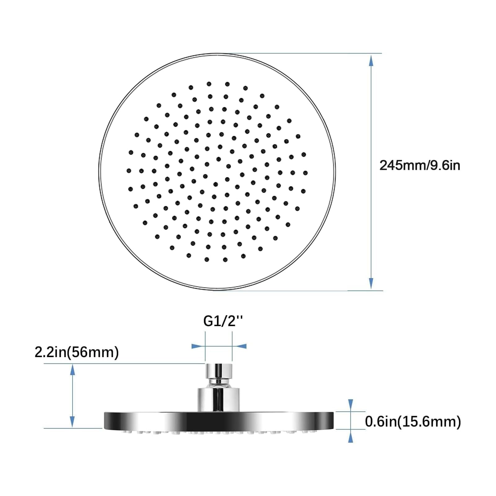 Soffione Doccia Rotondo 24.5 cm Inox 304 Anticalcare Alta Pressione