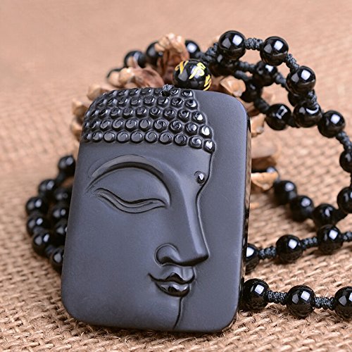 Collier de Bouddha en obsidienne et pendentif de jade avec chaîne