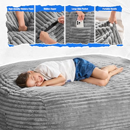 Image of Hobestluk 3FT Bean Bag Chairs Adult Bean Bag with Portable Handle Comfy Large Bean Bag Chair with Removable Cover for Living Room Bedroom or Reading Nook (Stripe Grey, 3FT)