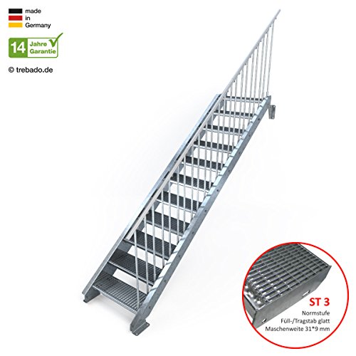 Preisvergleich Produktbild Außentreppe 11 Stufen 70 cm Laufbreite einseitiges Geländer rechts - Anstellhöhe variabel von 183 cm bis 220 cm - Gitterroststufe ST3 - feuerverzinkte Stahltreppe mit 700 mm Stufenlänge als montagefertiger Bausatz