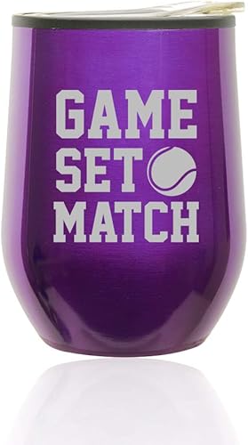 Stemless Wine Tumbler Coffee Travel Mug Glass with Lid Game Set Match Tennis (Royal Purple)