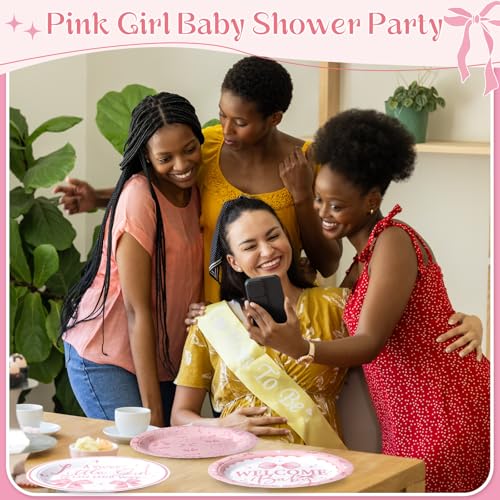 Image of Funnymoom 60 Pcs 7 Inch Pink Bow Baby Shower Paper Plates a Sweet Little Girl Is on Her Way Party Decoration, Coquette Pink Bow Welcome Baby Disposable Plates for Dessert Birthday Party Supplies