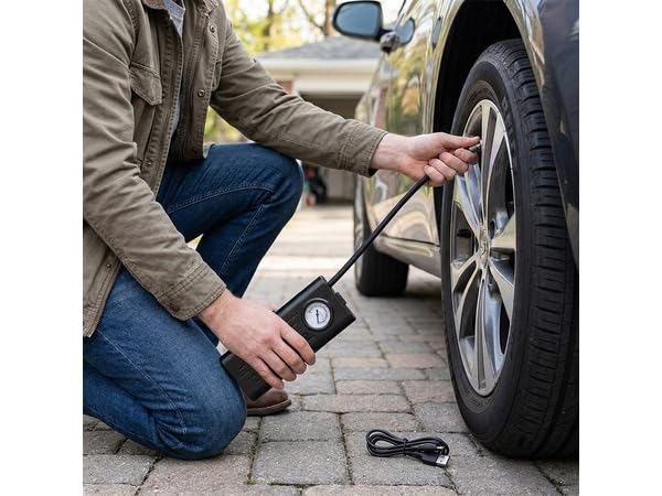 Image of Portable Car Air Pump Digital Tyre Inflator with Pressure Gauge | Fast Air Compressor for Car, Bike, Bicycle & Balls | Rechargeable & Compact Design