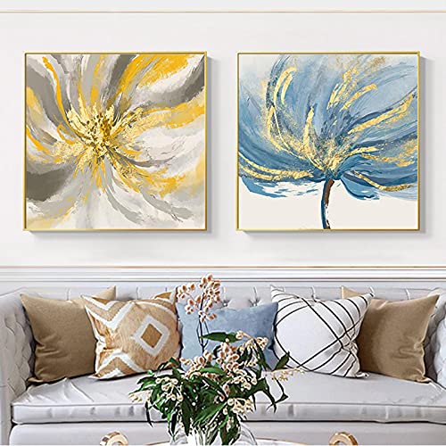Art mural fleur d'or bleu de style affiche nordique abstraite sur toile haut de gamme