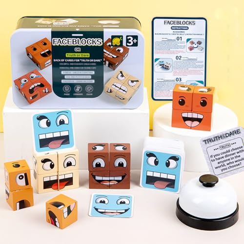 Image of Face Changing Magic Cube Game, Wooden Expression Puzzle Block Games, Fine Motor Skills Board Games for Kids & Adults with Bell