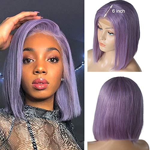 Smartinnov Lilac Virgin Human Hair Lace Wig Straight 180% Density Lace Bob Wig 16Inch Deep Middle Part Lace Wig 13x6 Lace Frontal Wig Short Cut Bleached Knots with Baby Hair for Black Women