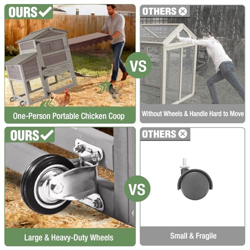 Image of Mobile Chicken Coop with Run, Large Outdoor Wooden Poultry Cage Hen House with Wheels, Nesting Box, Pull-Out Tray, Waterproof Roof, Grey, 79.1 inch L x 25.2 inch W x 43.6 inch H, for 4-6 Chickens