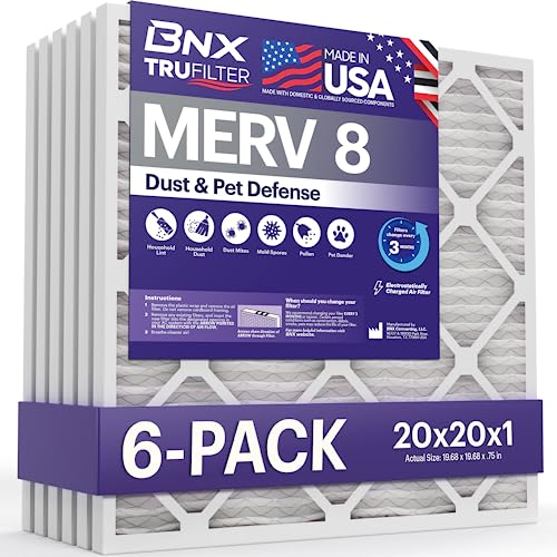 bnx trufilter 20x20x1 air filter merv 8 6-pack - made in usa  dust amp pet defense electrostatic pleated air conditioner hvac ac furnace filters for dust pet mold pollen mpr 600  700 amp fpr 5