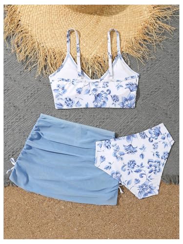 Image of WDIRARA Girl's Floral Print 3 Pieces Beach Bikini Swimsuit with Drawstring Ruched Skirt