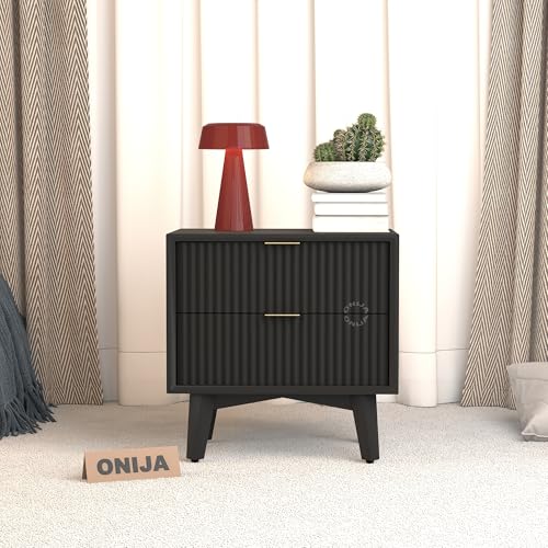 Image of ONIJA Wooden Bedside Table for Bedroom | Wooden Bed Side Nightstand Lamp Table with 2 Drawers & Open Shelf Storage for Home & Hotels | HDMR Premium Wood (Black)
