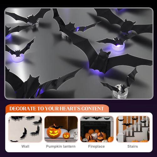 Image of 3D Bat Design LED Decoration, Halloween Lighted Bats Wall Stickers (24Pcs)