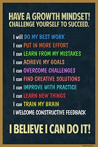 Image of Growth Mindset Poster Chalkboard Brights Classroom Decor Inspirational Posters Decorations Motivational Class Rules Cool Wall Art Print Poster 16x24