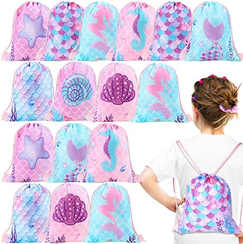 16 Pcs Mermaid Party Favor Bags Mermaid Drawstring Bag Candy Gifts Sacks Backpack Bulk Birthday Fish Goodie Bags Under the Sea Ocean Theme Treat Bags for School Travel Outdoor Bags 10 x 12 Inch