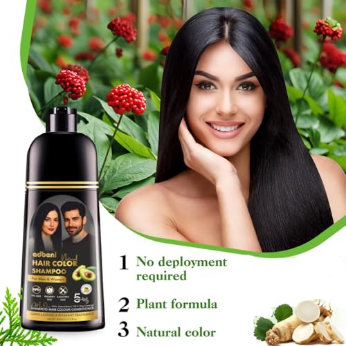 Image of Adbeni Natural Black Hair Color Shampoo 400ml with Conditioner | Ammonia & Paraben Free, No Harsh PPD | 5 Min Grey Coverage | For Men & Women | With Argan Oil & Herbal Extract | 10 Pair Gloves