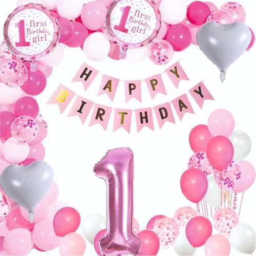 Image of Baby Girls 1st Happy Birthday Balloons Decoration Kit - 71 Pcs Garland Set for Birthday Parties & Celebrations | Birthday Decoration Set Party Supplies for Kids & Girls