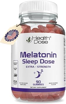 Health Dose Melatonin 6 mg Extra Strength Gummy, Pre-Bedtime Supplement for Restful Sleep, Adults, 90 Gummies, Three Month Supply, Mixed Berries Flavor.