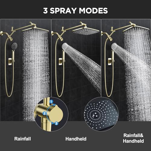 Image of Veken 11.8 inch Rain Shower Head with Handheld, High Pressure Handheld Shower with Multi Spray Modes, Rainfall Combo with Metal Extension Arm, Detachable Dual Showerhead, Bathroom Decor, Gold