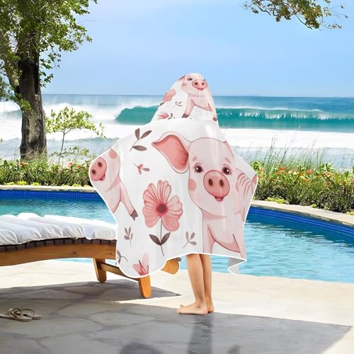 Image of Cute Pig Animal Hooded Beach Towel for Kids, Kids Bath Hooded Towels for Boys Girls, Super Soft Absorbent Bathrobe with Hood for Swin Pool 50 inchx23.5 inch