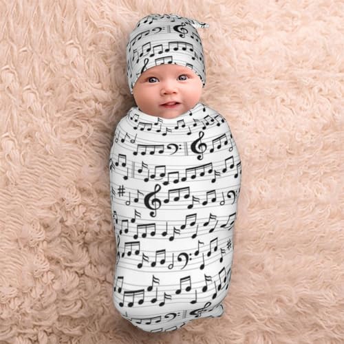 Image of Music Note Newborn Swaddle Blankets Baby Stuff Soft Swaddling Blanket with Beanie Sets Gifts For Infant Boys Girls