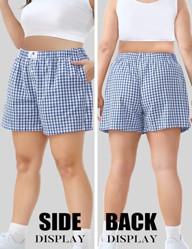 Image of COOTRY Plus Size Women Boxer Shorts Cotton Plaid Gingham Shorts Casual Pajama Sleep Shorts Y2K Beach Bottoms