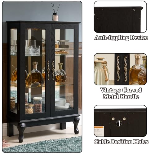 Image of 43 inch H Lighted Wooden Curio Cabinet, Freestanding Glass Display Case with Tempered Glass Door, Adjustable Shelves and Mirrored Back Panel, Decorative Storage Cabinet for Living Room (Black)