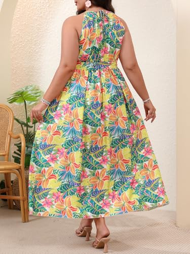 Image of Floerns Women's Plus Size Boho Sleeveless Halter Neck Tie Back A Line Long Dress