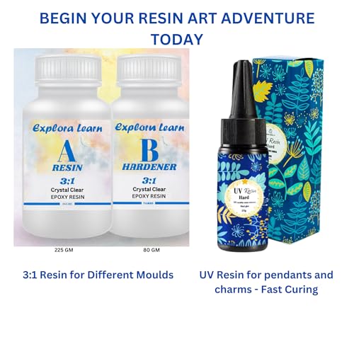 Image of Exploralearn 195 Pcs Ultimate UV Resin Art Kit with 300g Epoxy Resin, 50gm UV Resin - DIY Alphabet, Bezels, Jewelry, Keychains, Coasters & Bookmarks - Includes UV Lamp, Tape, Deburring Tool, Pendants, Golden Acrulics, Stickers and more