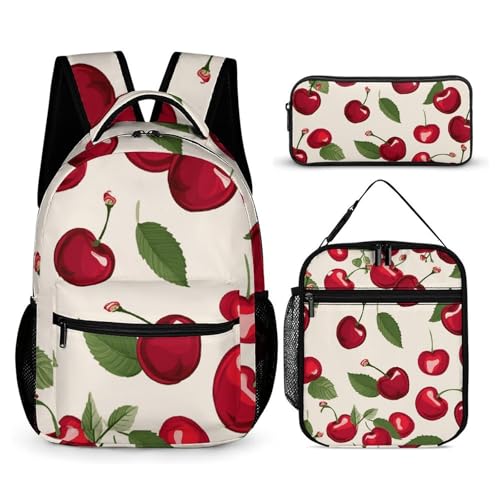 Red Cherry Pattern Backpack Set Lightweight Bag Lunch Box Pencil Bags for Women Men Bookbags 3 in 1