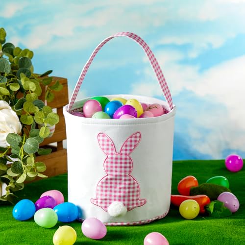 Image of Easter Basket with Handle Easter Bucket Easter Baskets Easter Basket Bags Egg Hunt Basket Canvas Plaid Bunny Print Basket with Fluffy Tail (Pink Plaid+Green Plaid)
