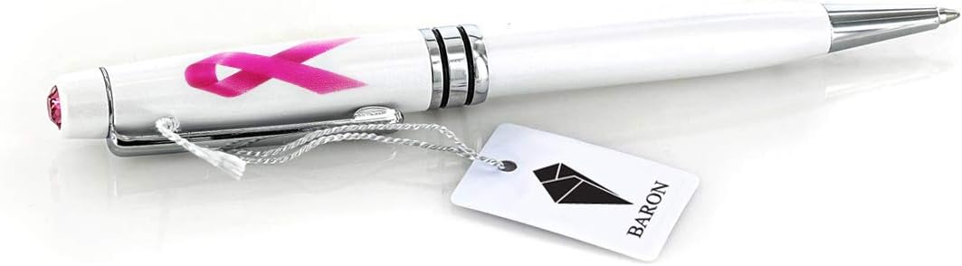 Baron-Jewelry Luxurious Breast Cancer Awareness pen enriched with crystals. Rose-pink 6mm round crystal securely set in a glossy high-end pen. UV printed pink ribbon. (BLACK)