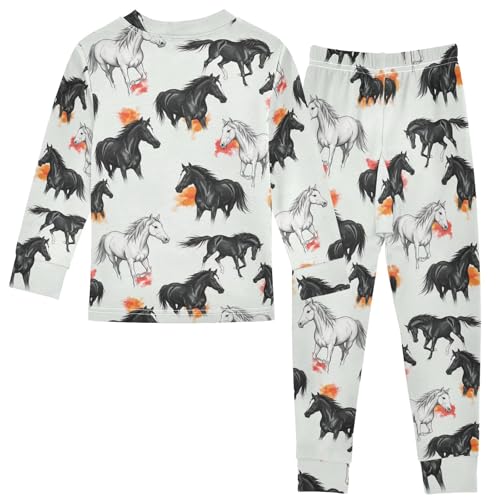 ODAWA Kids Black White Horses Long Sleeve Tee and Pant 2-piece Set Fall Outfits 18M2