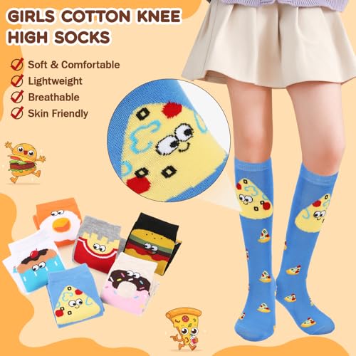 XEPST 6 Pairs Girls Knee High Socks - Colorful Cartoon Design Warm Cotton Knee Socks Mid-Calf Boot Socks Funny Socks Odd Socks Christmas Gifts for Girls 3-12 Years - One Size, Food Pattern2