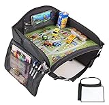 KIDSNEAR Kids Travel Tray, Car Seat Travel Tray, Toddler Travel Tray with iPad & Tablet Holder, Cup Holder, Dry Erase Board (Black)