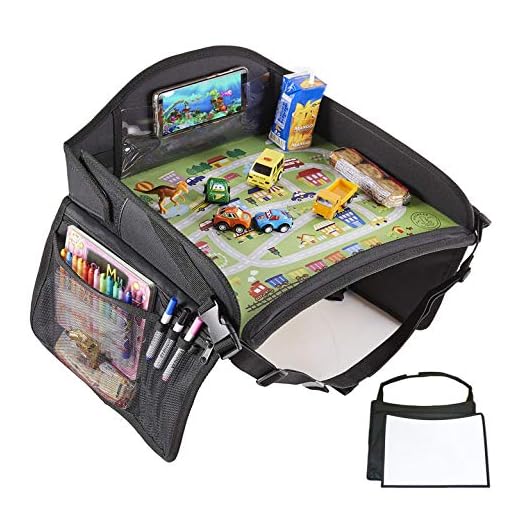KIDSNEAR Kids Travel Tray, Car Seat Travel Tray, Toddler Travel Tray with iPad & Tablet Holder, Cup Holder, Dry Erase Board (Black)