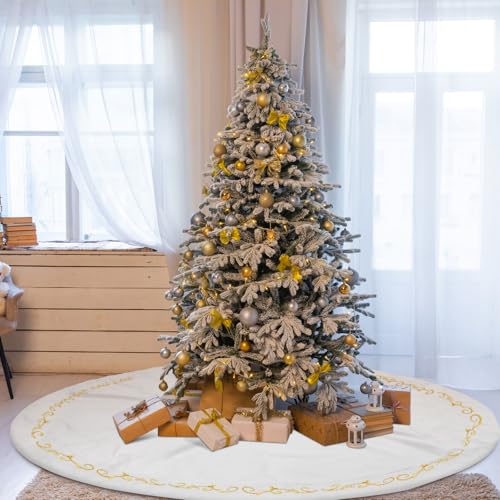 HyDren 84 Inch Christmas Velvet Tree Skirt Gold Bronzing Embroidery Christmas Tree Decorations Vintage Party Favors Rustic Holiday Decor(White)