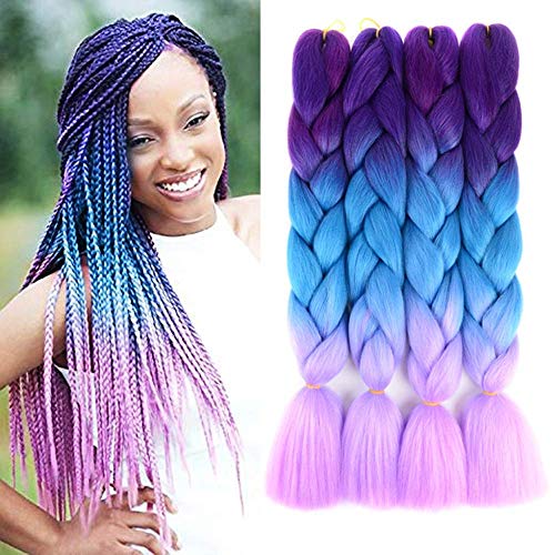 4Pcs/Lot Synthetic Braiding Hair Extensions Kanekalon Hair Ombre Twist Braiding Hair High Temperature Hair Extensions 100g/Pc (60CM) (24 inch light blue purple) A56