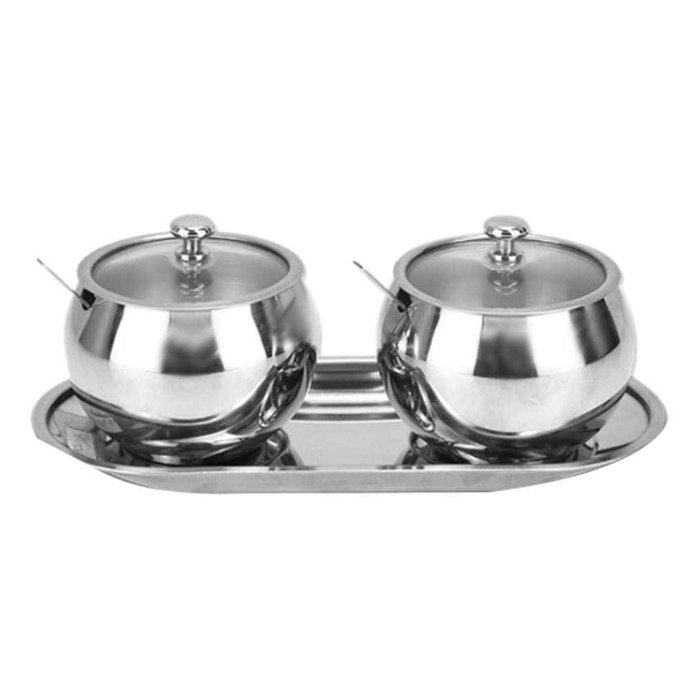 XINGYU Sucrier avec Couvercle et cuillère, 2 bocaux à épices en Acier Inoxydable Set Pots à Condiments, Argent