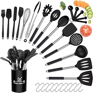 Kitchen utensil set, kitchen utensil, 25 pieces, silicone cookware set, non-stick heat-resistant silicone spatula set, kitchen utensils with stainless steel handle, 10 S-hooks, black