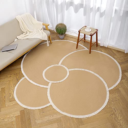 Image of Cotton Rope Rounds Rug with Tassels - Handwoven Bohemian Carpet for Living Room, Bedroom, Pooja & Home Decor, Soft & Washable Floor Mat, Beige, 6x6 feet