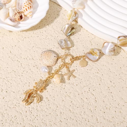 Image of Coiris Natural Seashell Choker Necklaces Earrings Jewelry Set for Women Starfish Shell Freshwater Pearl Collar Necklaces for Women Irregular Mother of Pearl Jewelry Set