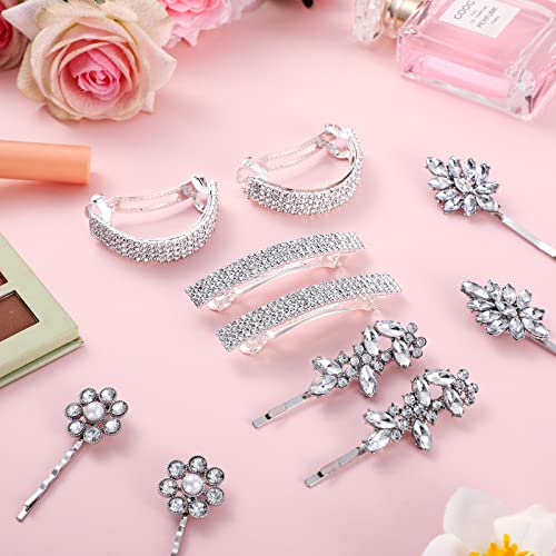 Chunyin 10 Pieces Rhinestone Bobby Pins Silver Hair Metal Bling Barrettes Small Semicircle Decorative Spring Grip Clips Crystal Ponytail Holder Wedding Accessories For Women Girl, Piece Set #TOP6