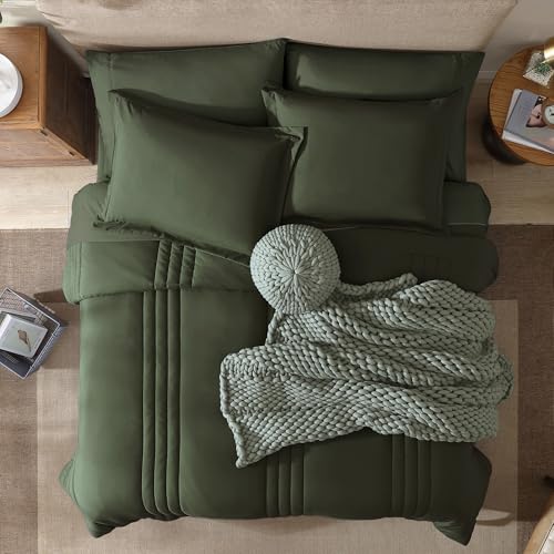 Image of Monbix Oversized Queen Size Comforter Set - 7 Pieces Bed in a Bag, Olive Green Bedding Sets with Comforter, All Seasons Comforter Bed Set with Sheets, Pillowcases & Shams