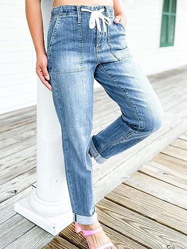 QQLADY Women Pull On Denim Joggers, Elastic Waist Stretch Drawstring Jeans with Pocket2