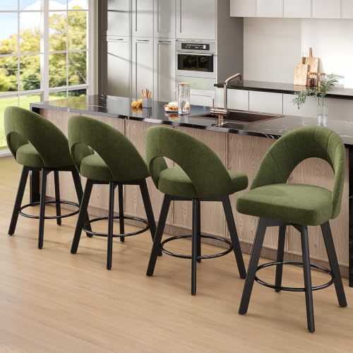 Image of YaFiti 24 inch Counter Height Swivel Bar Stools Set of 2, Green | Swivel Bar Stools with Ergonomic Curved Back, Fabric Upholstered Seat and Solid Wood Legs for Kitchen Island