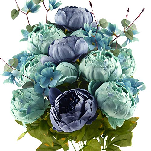 Image of FiveSeasonStuff Vintage Artificial Peonies Silk Peony Flowers and Hydrangeas for Wedding Bridal Home Decor - Beautiful Floral Centerpiece Arrangement Decoration with 2 Bouquets (Mixed Blue)