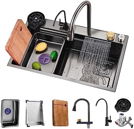 NOYHHAV Waterfall Kitchen 32in Sink Single bowl kitchen sinks Black stainless steel bar sink with Pull-Faucet，Nano family sink undermount of Countertop installation with Full set of Accessories